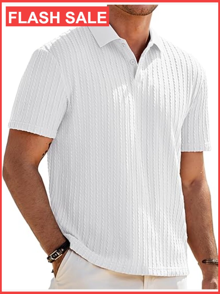 Mens Casual Polo Shirt Summer Short Sleeve Vacation Button Knit Stretchy Golf